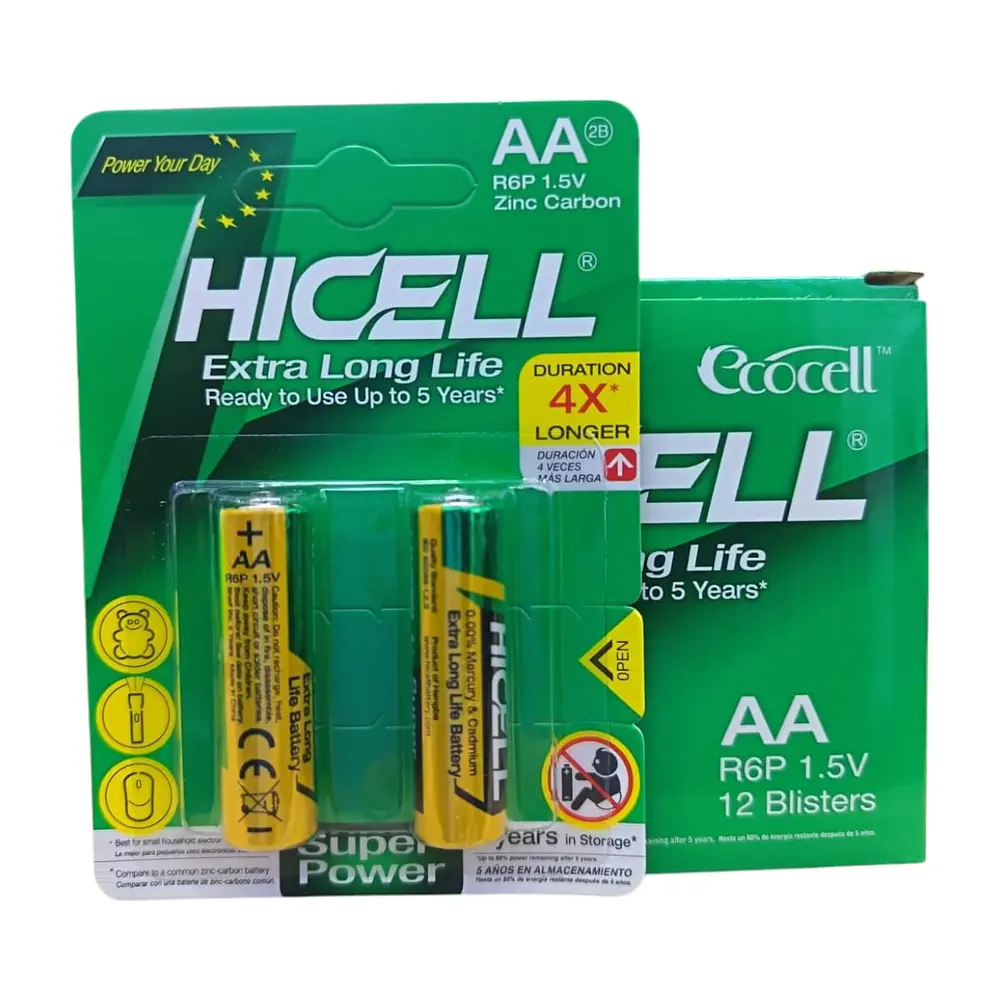 HICELL Pilas AA Extra Long Life | SKU: HICELL-AA-12-BLISTERS | Caja x 12 blísteres · 2 pilas por blíster